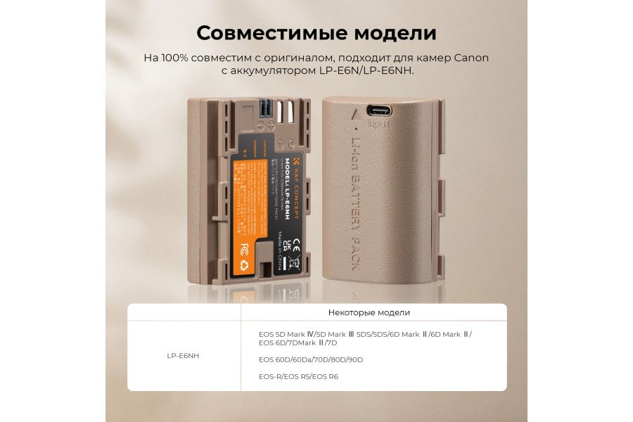 Аккумулятор LP-E6NH K&F Concept 2250 mAh (Type-C) KF28.0022