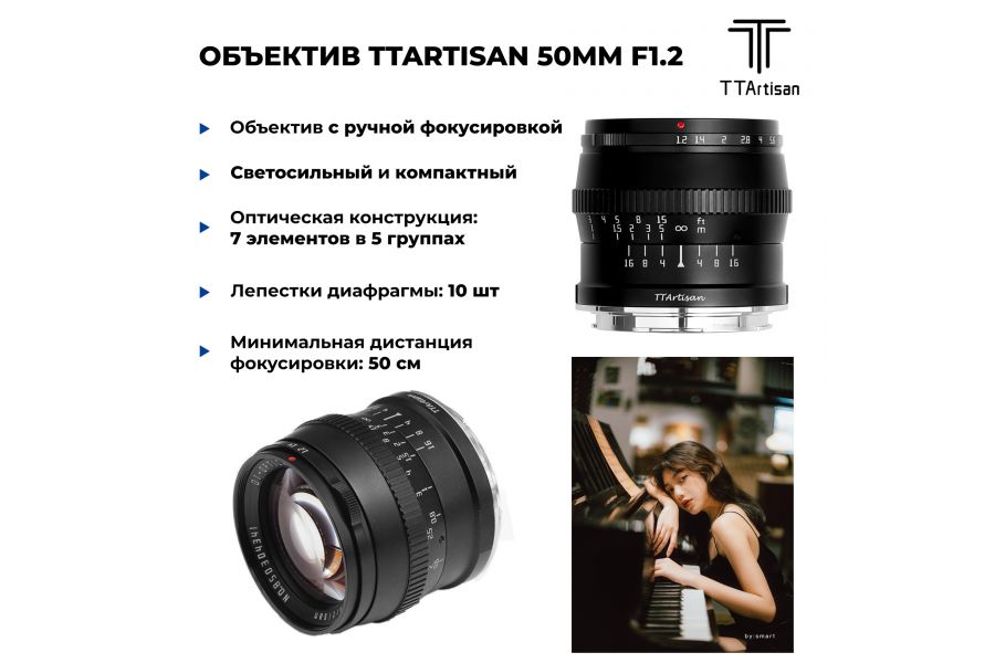 Объектив TTartisan 50mm f/1.2 для Sony E, черный