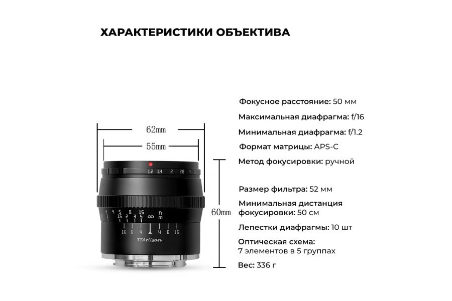 Объектив TTartisan 50mm f/1.2 для Canon RF, черный