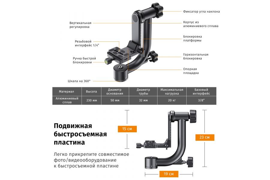 Штативная голова из алюминия K&F Concept KF31.033 с панорамированием на 360 градусов