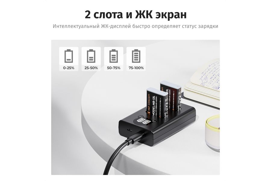 Зарядка и аккумулятор 1250 мАч (2 шт) K&F Concept для Canon NB-13L