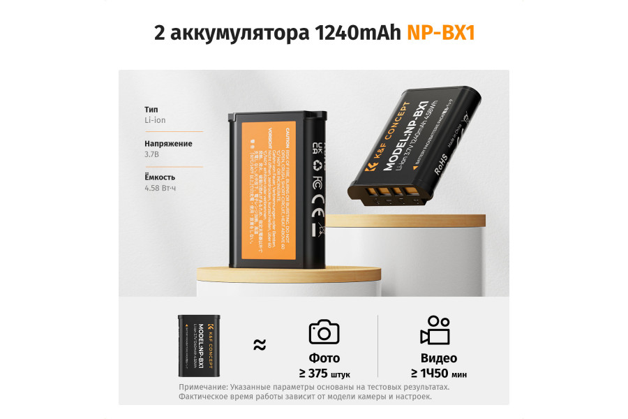 Зарядка и аккумулятор 1240 мАч (2 шт) K&F Concept для Sony NP-BX1
