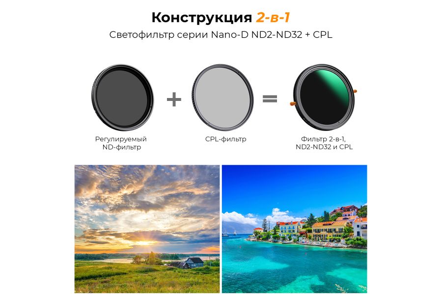 Светофильтр K&F Concept Nano-D CPL + Variable ND2-ND32 72mm