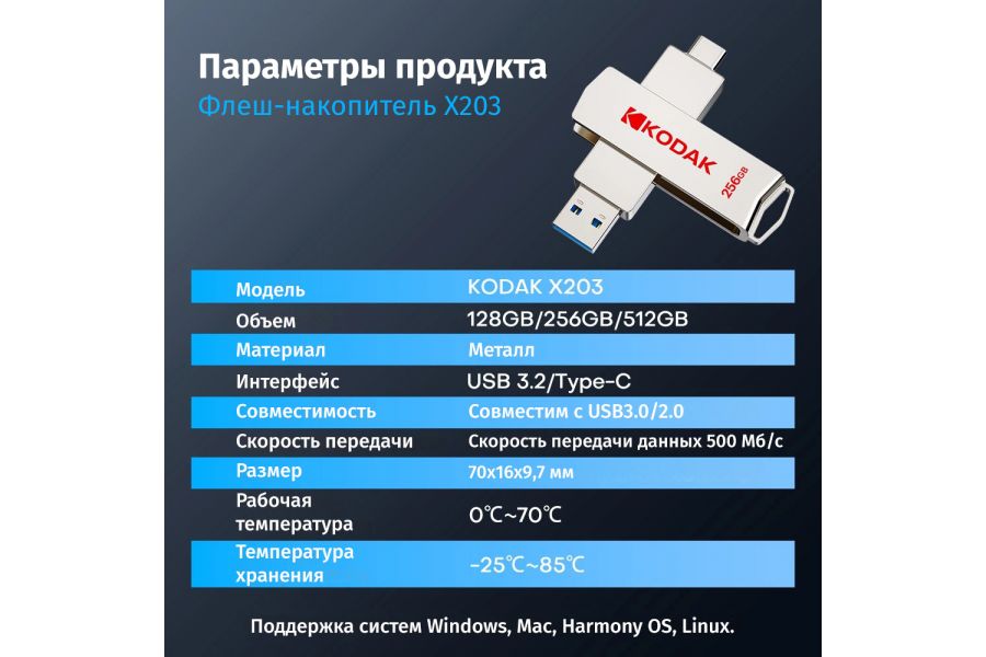 Флеш-накопитель Kodak X203 USB3.2 Type-C+A 1 ТБ