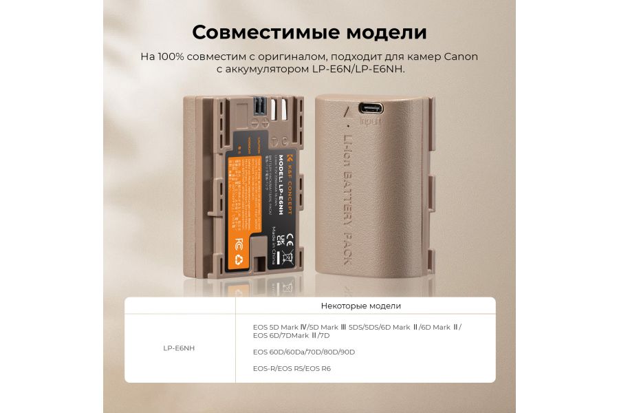 Аккумулятор LP-E6NH K&F Concept 2250 mAh (Type-C)